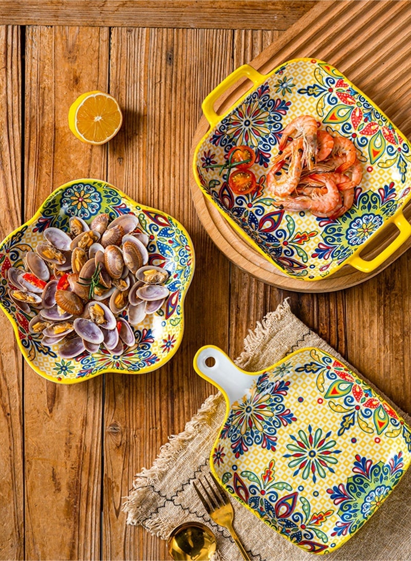 12 Piece Dinnerware Set, Bohemian Style Porcelain, Microwave & Dishwasher Safe – Yellow/Colorful Flowers - Image 4